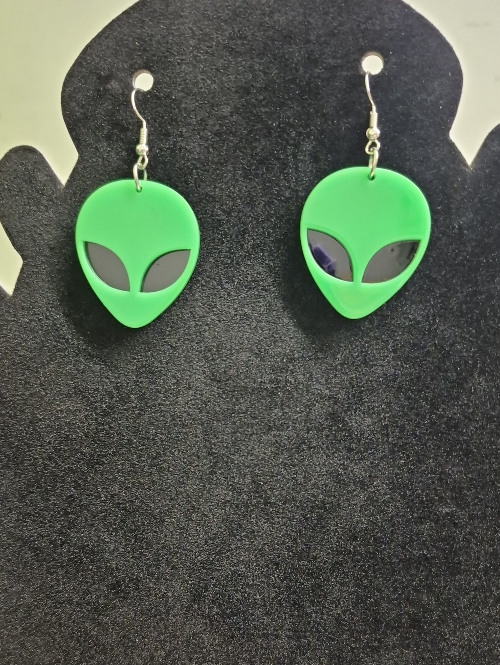Green Alien Face Dangle Earrings Black Light Activated